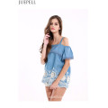 Women Stitching Lace Flounced Hem Embroidered Strapless Tops Wavy Harness Loose Fashion Shirt Blouse